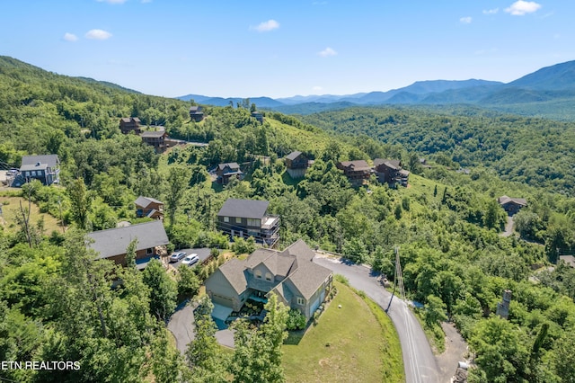 drone / aerial view featuring a mountain view