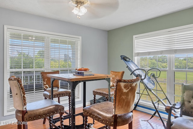 dining room featuring light wood-type flooring and ceiling fan