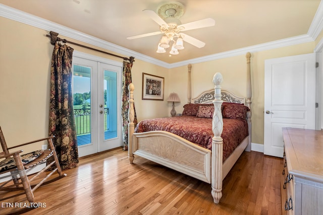 bedroom with crown molding, french doors, access to exterior, ceiling fan, and light hardwood / wood-style floors