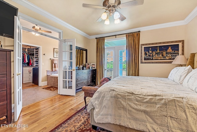 bedroom with light wood-type flooring, french doors, ceiling fan, and ornamental molding