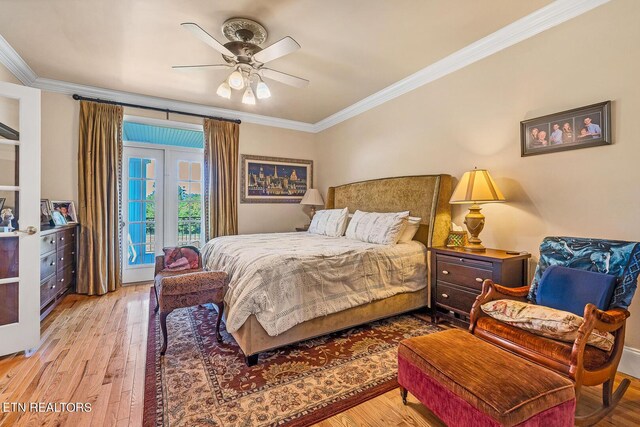 bedroom with french doors, ceiling fan, light wood-type flooring, and crown molding