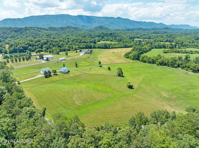 birds eye view of property featuring a mountain view and a rural view