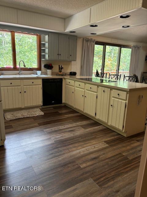 kitchen with a textured ceiling, sink, cream cabinets, and black appliances