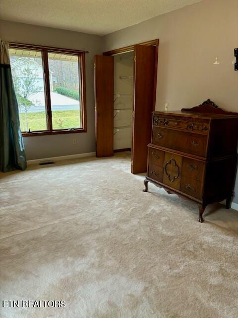 bedroom featuring a textured ceiling, a closet, and light carpet