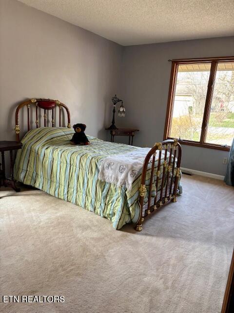 carpeted bedroom featuring a textured ceiling