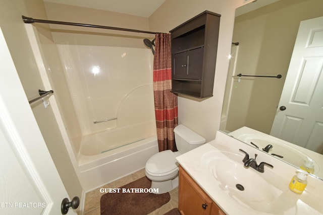 full bathroom with tile patterned flooring, vanity, shower / bathtub combination with curtain, and toilet