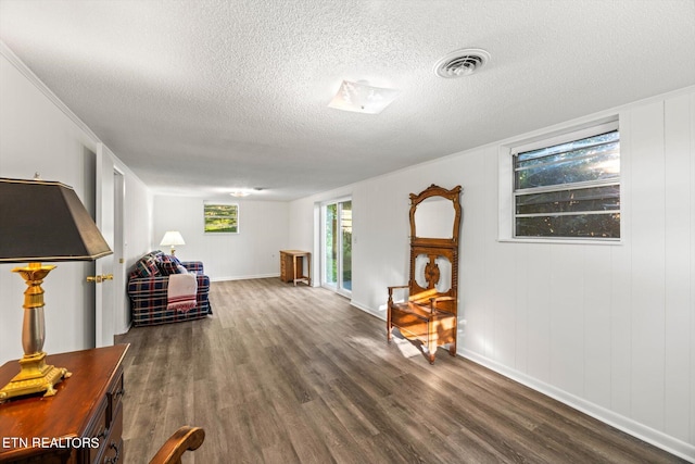 sitting room featuring dark hardwood / wood-style flooring and a textured ceiling