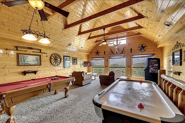 playroom with carpet floors, wooden walls, high vaulted ceiling, wooden ceiling, and beam ceiling