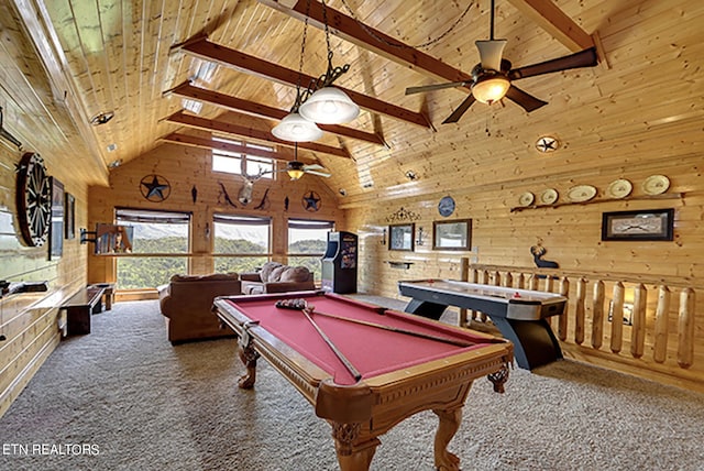 game room with wooden walls, beam ceiling, high vaulted ceiling, and wood ceiling