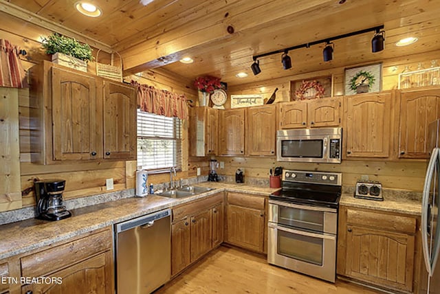 kitchen featuring appliances with stainless steel finishes, sink, light wood-type flooring, wooden ceiling, and rail lighting