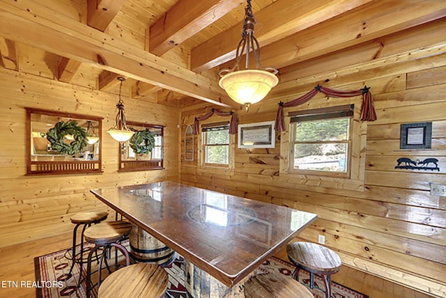 unfurnished dining area with wood ceiling, beamed ceiling, and wooden walls