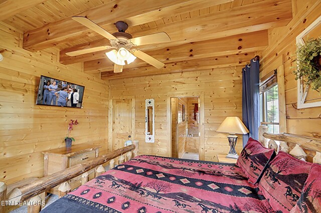 bedroom featuring wood ceiling, ceiling fan, wood walls, and beamed ceiling