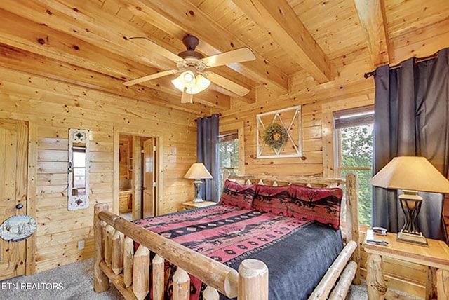 bedroom featuring wooden ceiling, carpet floors, beam ceiling, ceiling fan, and wood walls