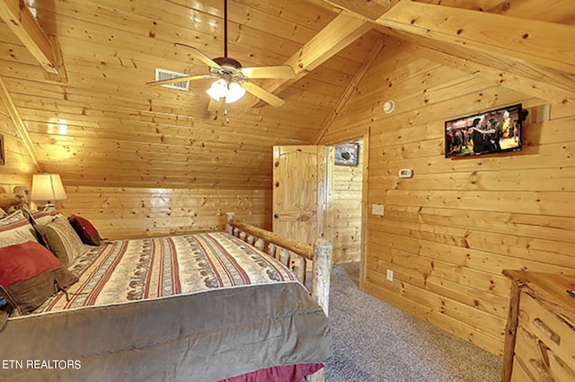 unfurnished bedroom with wood ceiling, carpet flooring, wooden walls, and lofted ceiling with beams