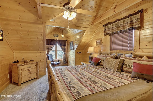 bedroom featuring wood ceiling, light colored carpet, vaulted ceiling with beams, and wooden walls