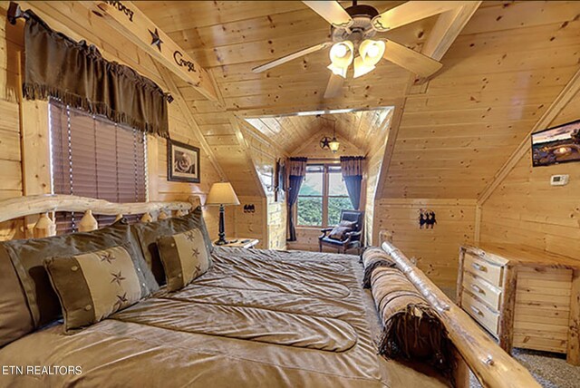 carpeted bedroom with wood ceiling, wood walls, and lofted ceiling