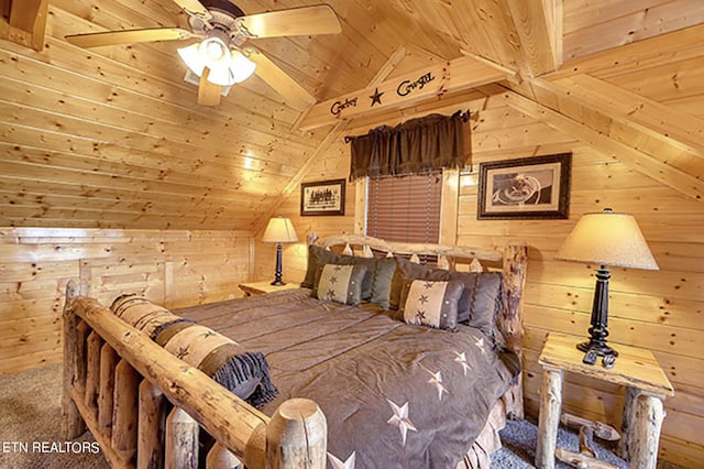 carpeted bedroom with ceiling fan, wooden ceiling, vaulted ceiling, and wooden walls