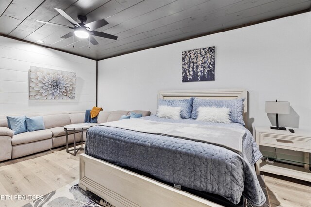 bedroom featuring ceiling fan, light hardwood / wood-style flooring, and wooden ceiling