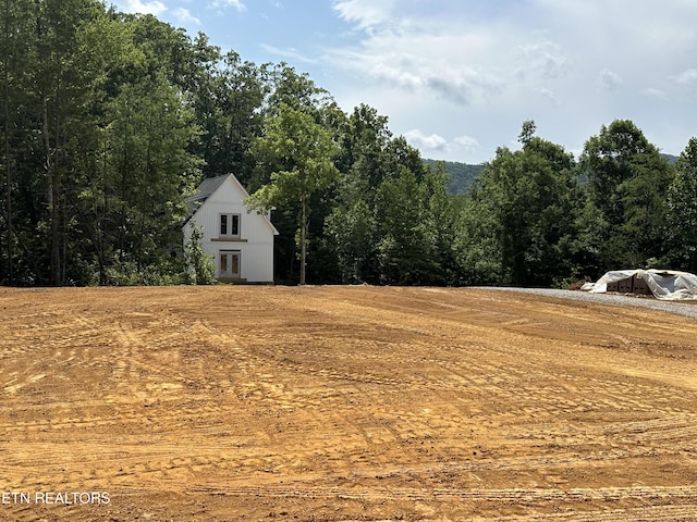 view of yard featuring a forest view