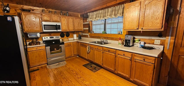 kitchen featuring wooden ceiling, sink, appliances with stainless steel finishes, and light hardwood / wood-style flooring