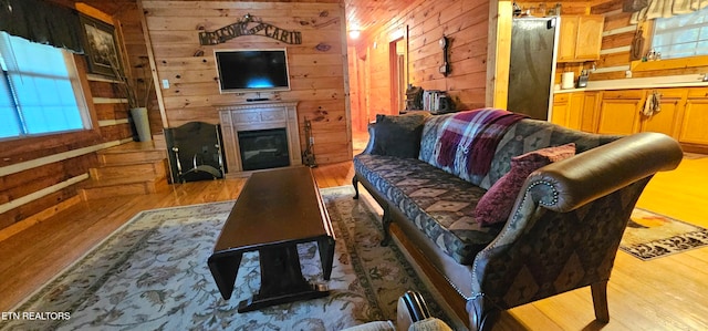 living room featuring light hardwood / wood-style flooring and wooden walls