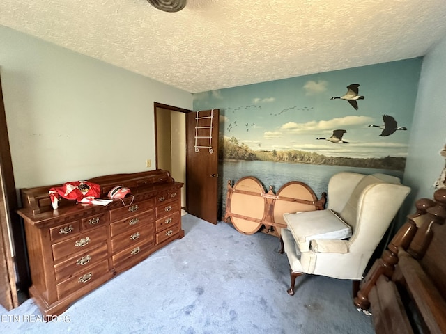 sitting room with light colored carpet and a textured ceiling