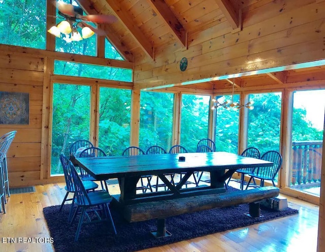 dining space with vaulted ceiling with beams, wood ceiling, light hardwood / wood-style flooring, and wood walls