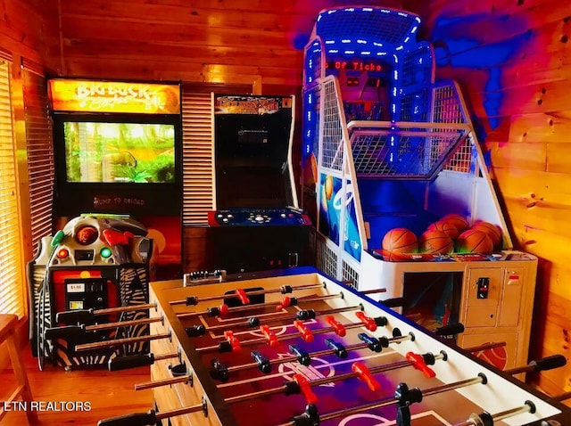 playroom featuring wood walls