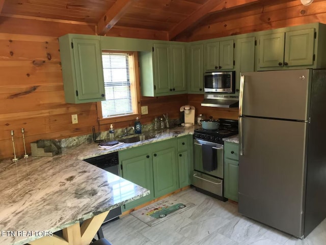 kitchen featuring wooden walls, sink, light stone counters, wood ceiling, and stainless steel appliances