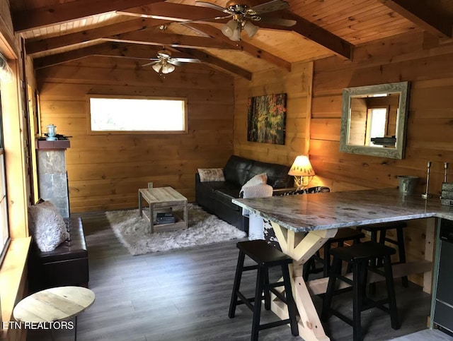 interior space with lofted ceiling with beams, wood ceiling, and wood walls