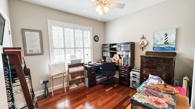 office area featuring ceiling fan and dark hardwood / wood-style floors