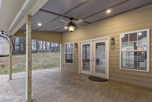 view of patio featuring french doors and ceiling fan