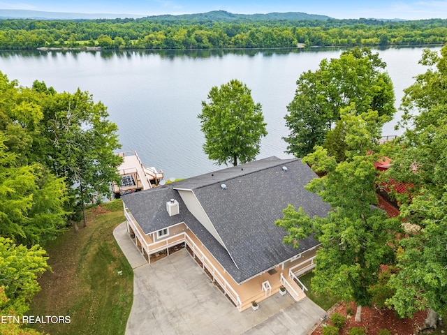 drone / aerial view featuring a water view