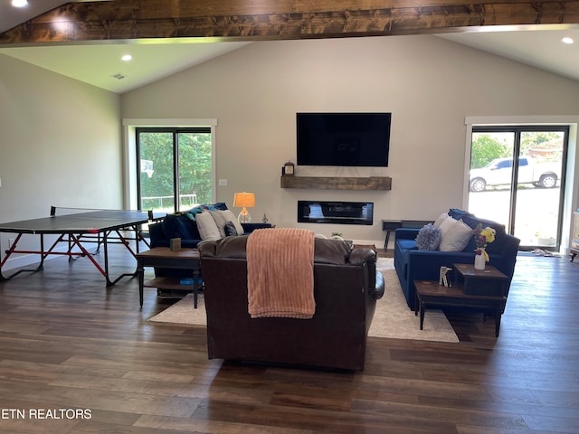 living room with beamed ceiling, wood-type flooring, and plenty of natural light