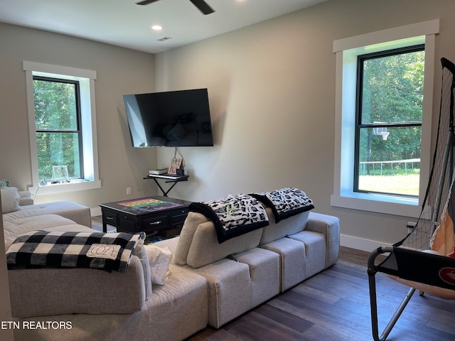 living room featuring plenty of natural light, dark hardwood / wood-style floors, and ceiling fan