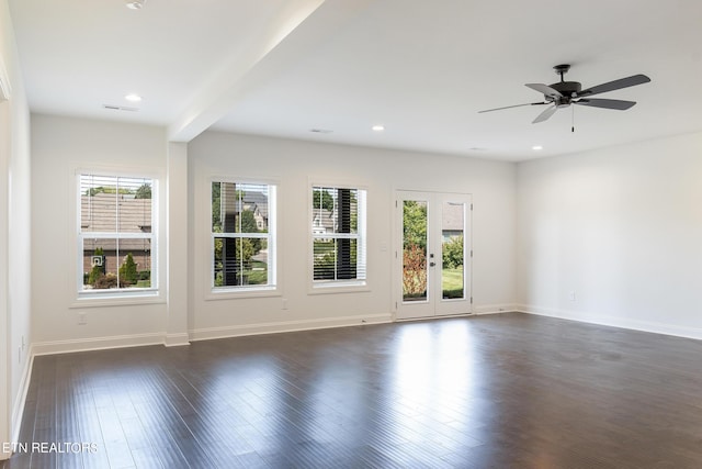 unfurnished room featuring dark wood-type flooring, french doors, and ceiling fan