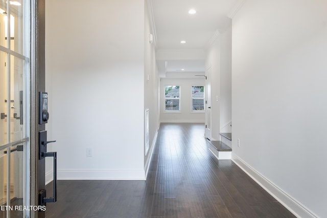 corridor featuring ornamental molding and dark hardwood / wood-style flooring