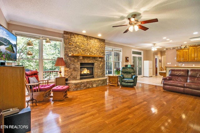 living room with a textured ceiling, light hardwood / wood-style flooring, crown molding, and a fireplace