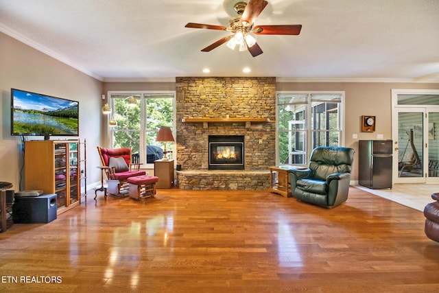 living room featuring hardwood / wood-style flooring, ornamental molding, ceiling fan, and a fireplace