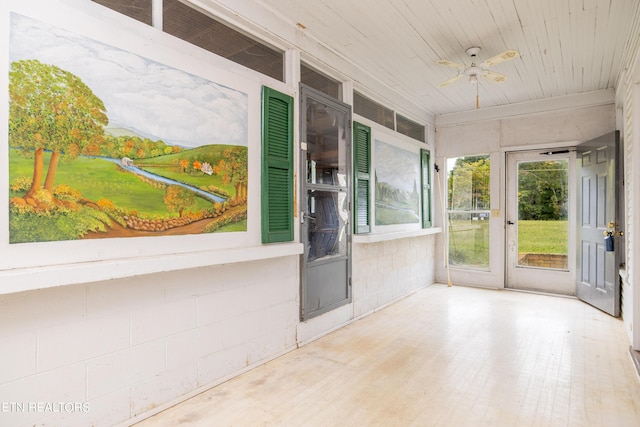 1227 N Main St, Sweetwater, TN 37874 - unfurnished sunroom with a ceiling fan, wooden ceiling, and wood finished floors