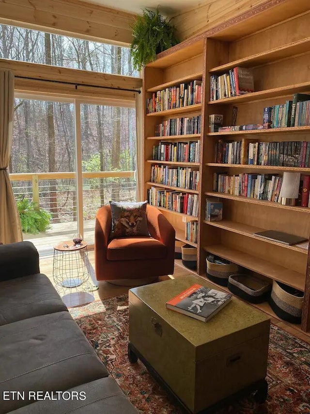 sitting room with built in shelves