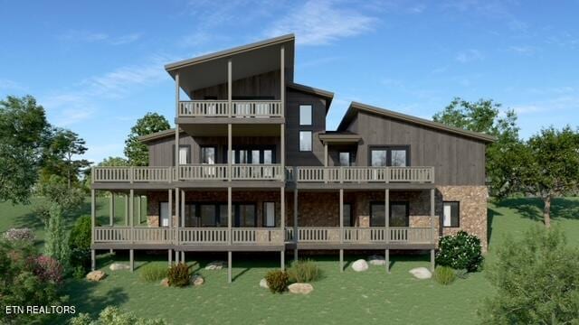 back of house with stone siding, a yard, and a balcony