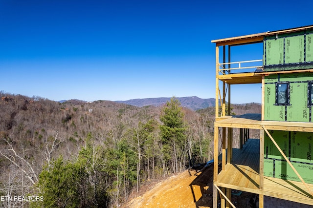 view of mountain feature featuring a forest view