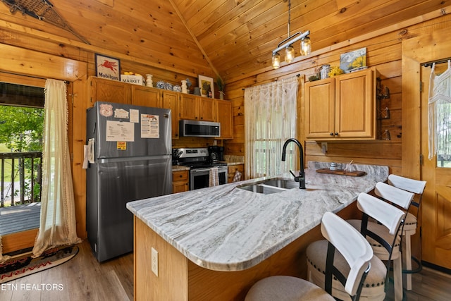 kitchen with kitchen peninsula, appliances with stainless steel finishes, lofted ceiling, light hardwood / wood-style flooring, and sink