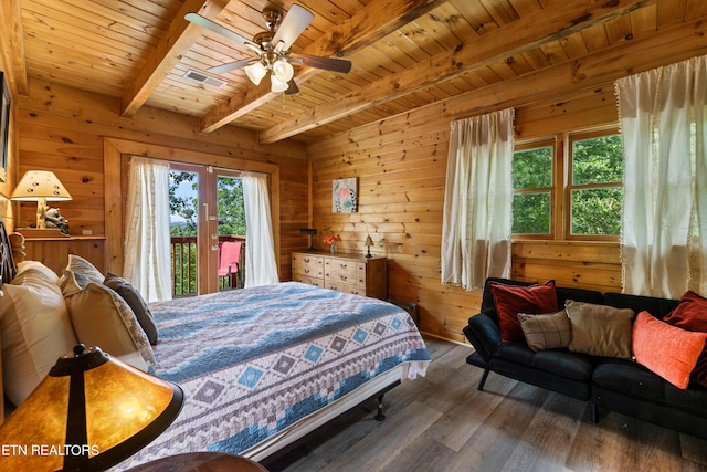 bedroom with wooden walls, ceiling fan, wooden ceiling, access to exterior, and beam ceiling