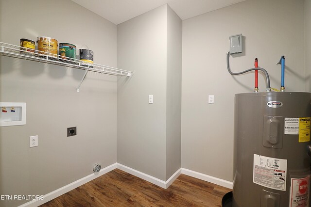 clothes washing area with electric water heater, washer hookup, hookup for an electric dryer, and dark wood-type flooring