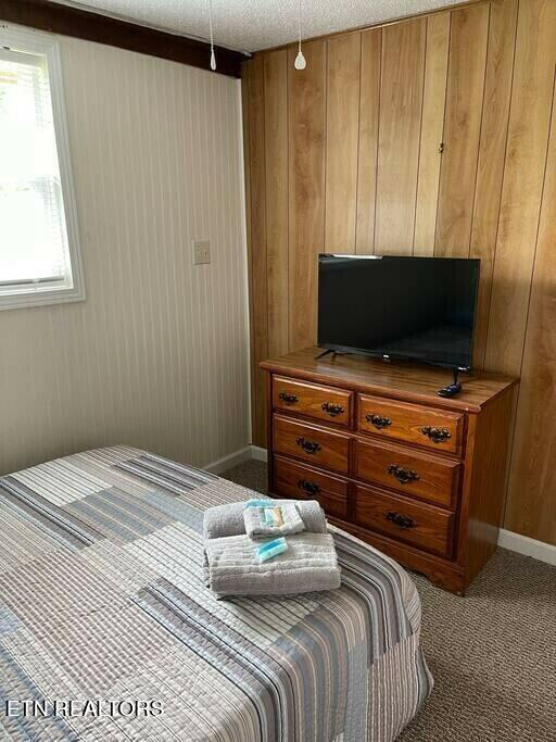 bedroom with wood walls, carpet floors, and a textured ceiling