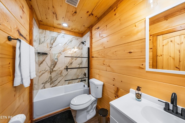 full bathroom featuring tiled shower / bath combo, wood ceiling, and wooden walls