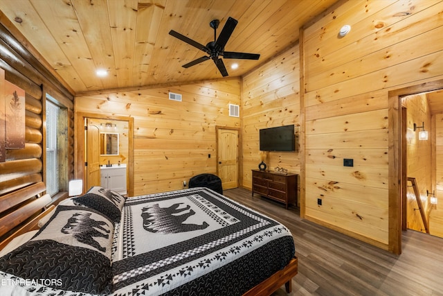 bedroom featuring dark wood-type flooring, connected bathroom, wood ceiling, wooden walls, and ceiling fan