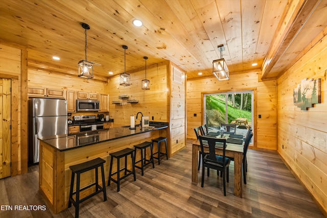 dining area with dark hardwood / wood-style flooring, wooden walls, and wooden ceiling